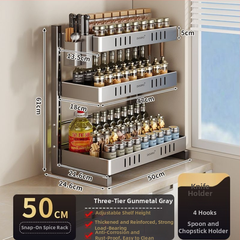 Konyhai fűszertároló állvány, 201 rozsdamentes acél, szerelés nélkül, többszintes pulton