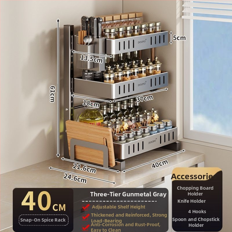 Konyhai fűszertároló állvány, 201 rozsdamentes acél, szerelés nélkül, többszintes pulton