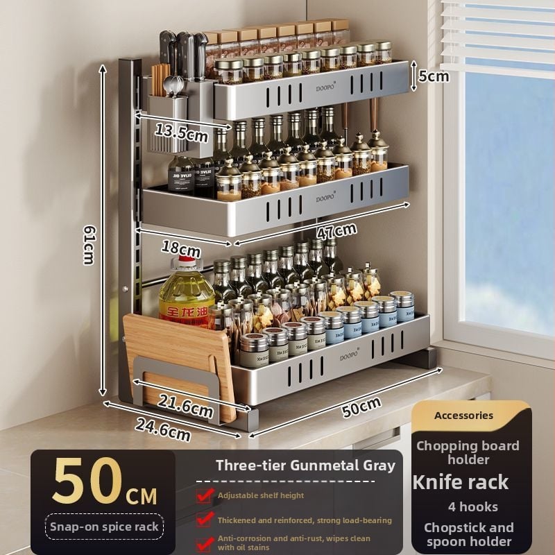 Konyhai fűszertároló állvány, 201 rozsdamentes acél, szerelés nélkül, többszintes pulton
