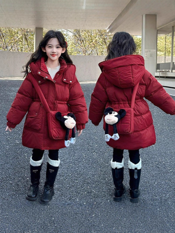 Dječja zimska jakna s poliesterom punjenjem, kapuljačom, zatvaračem, jednobojni dizajn, model 2025, za djevojčice