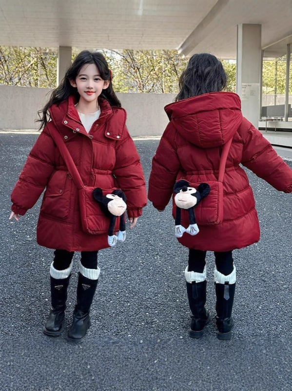 Dječja zimska jakna s poliesterom punjenjem, kapuljačom, zatvaračem, jednobojni dizajn, model 2025, za djevojčice