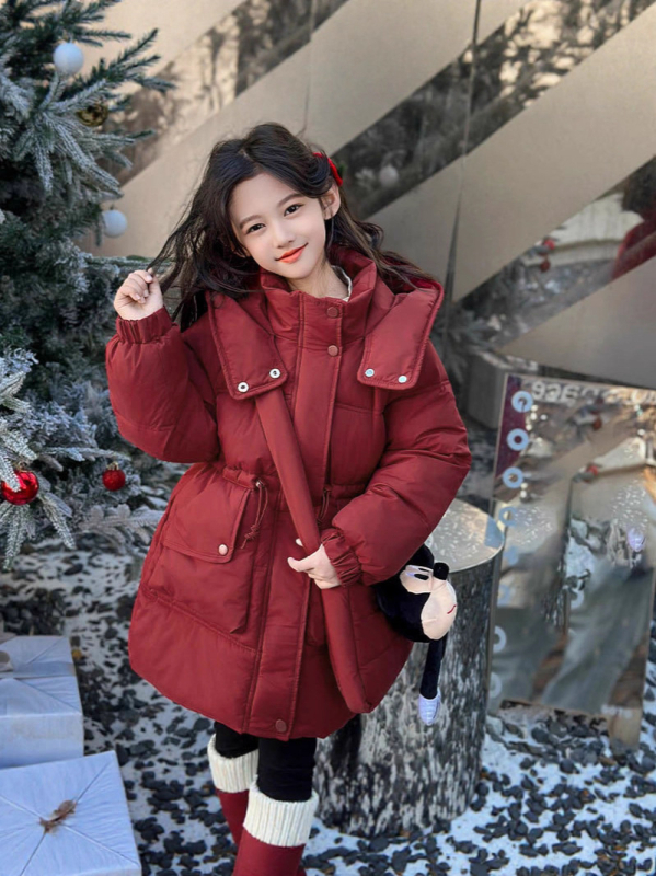 Dječja zimska jakna s poliesterom punjenjem, kapuljačom, zatvaračem, jednobojni dizajn, model 2025, za djevojčice