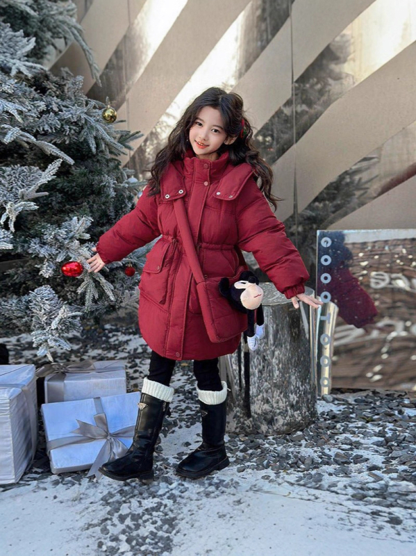 Dječja zimska jakna s poliesterom punjenjem, kapuljačom, zatvaračem, jednobojni dizajn, model 2025, za djevojčice