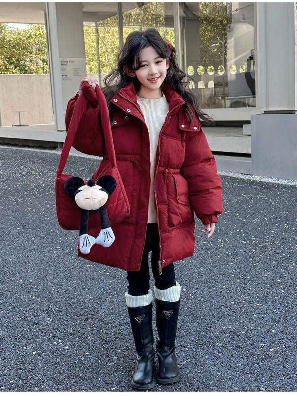 Dječja zimska jakna s poliesterom punjenjem, kapuljačom, zatvaračem, jednobojni dizajn, model 2025, za djevojčice