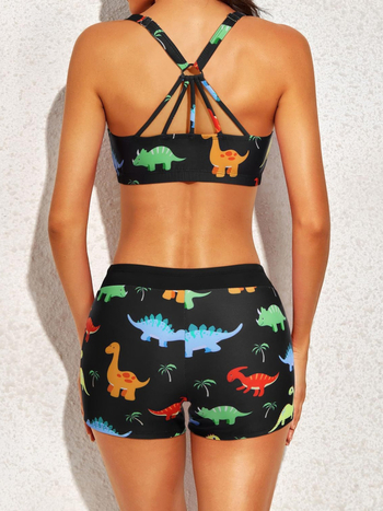 Σετ μπικίνι τριών τεμαχίων για γυναίκες με ενσωματωμένα μαξιλαράκια στήθους και ανοιχτή πλάτη, πολυεστερικό ύφασμα