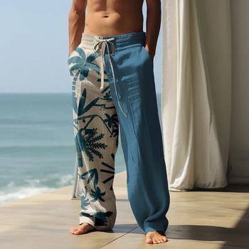 Pantaloni casual largi pentru bărbați, din in amestec, imprimeu 3D Hawaii, talie liberă cu curea, închidere cu șiret