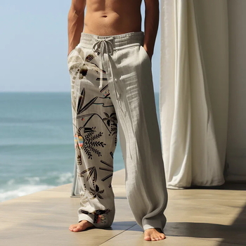 Pantaloni casual largi pentru bărbați, din in amestec, imprimeu 3D Hawaii, talie liberă cu curea, închidere cu șiret