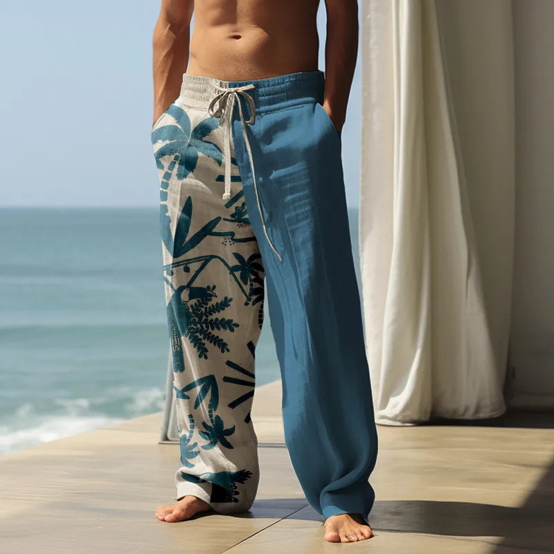 Pantaloni casual largi pentru bărbați, din in amestec, imprimeu 3D Hawaii, talie liberă cu curea, închidere cu șiret
