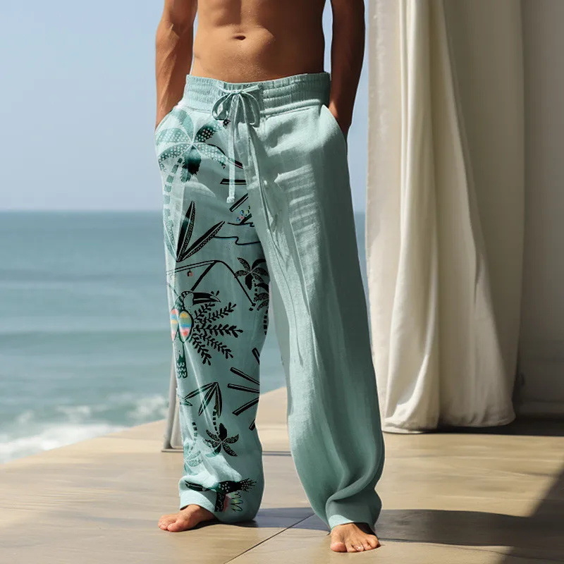 Pantaloni casual largi pentru bărbați, din in amestec, imprimeu 3D Hawaii, talie liberă cu curea, închidere cu șiret