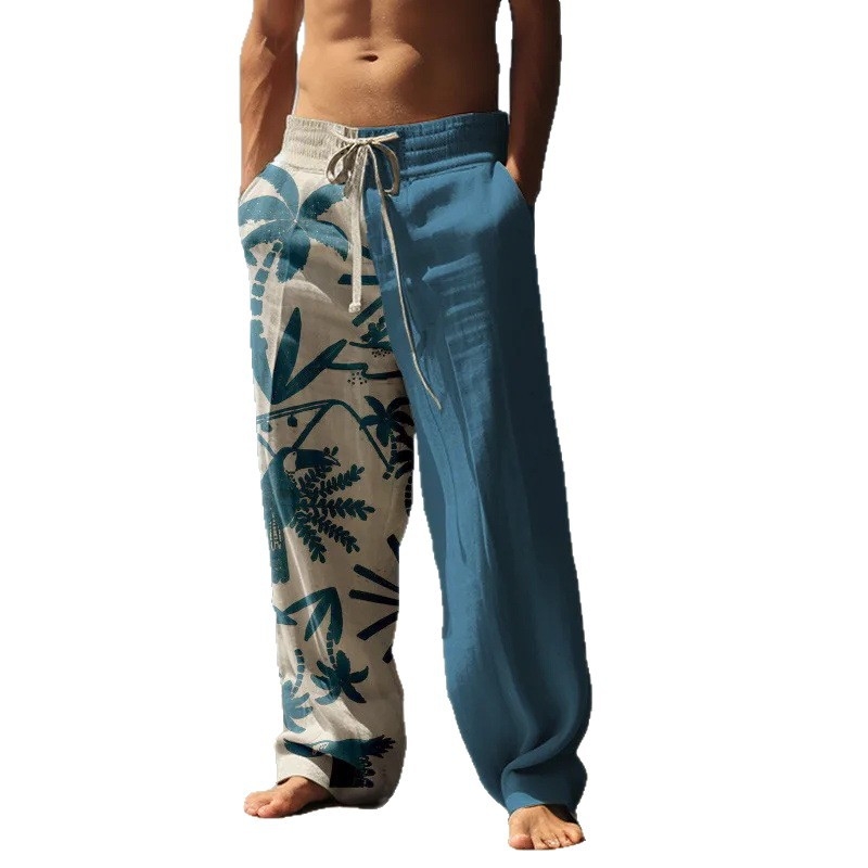 Pantaloni casual largi pentru bărbați, din in amestec, imprimeu 3D Hawaii, talie liberă cu curea, închidere cu șiret