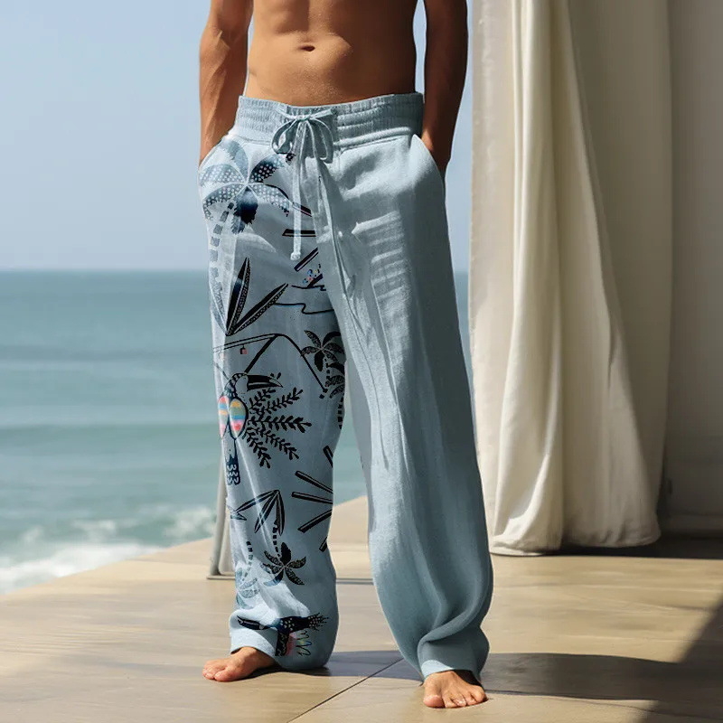 Pantaloni casual largi pentru bărbați, din in amestec, imprimeu 3D Hawaii, talie liberă cu curea, închidere cu șiret