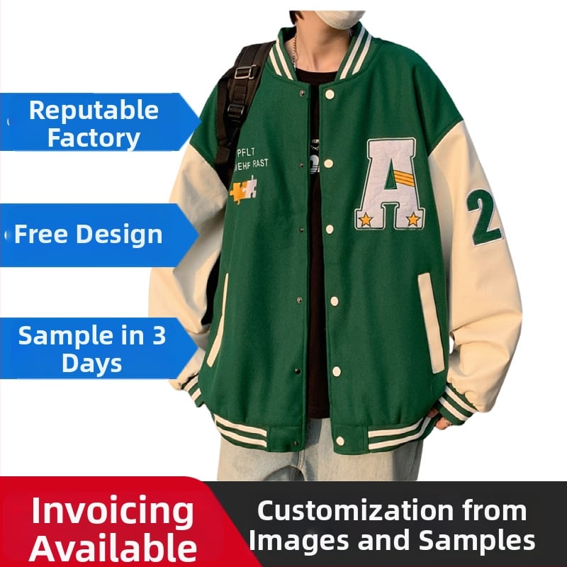 Pánske baseballové sako v americkom štýle, fleece podšívkou, 100% polyester, voľný strih, stojací golier