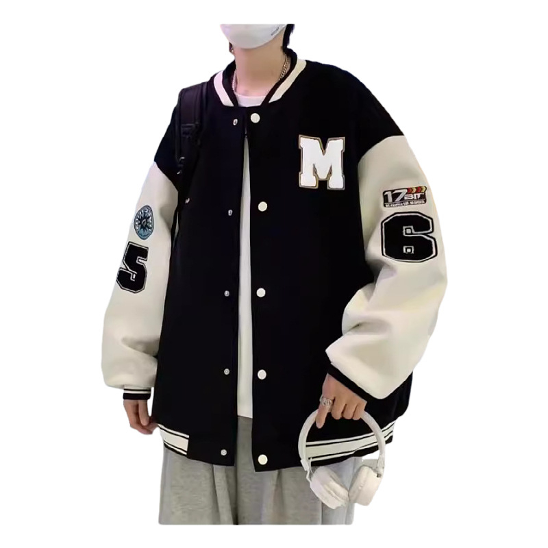 Muška baseball jakna u američkom stilu, podstavljena flisom, 100% poliester, širok kroj, stojeći ovratnik