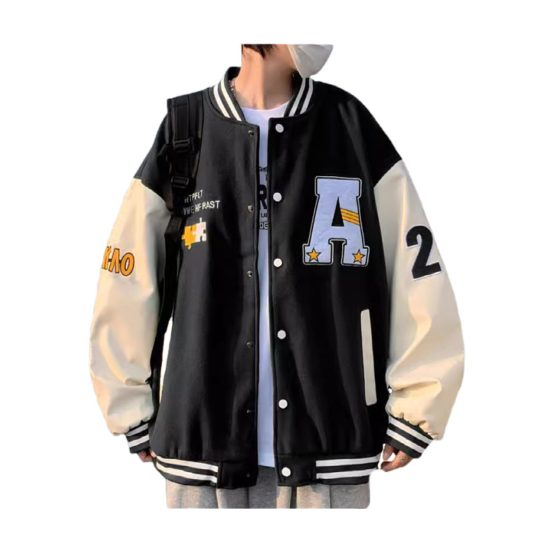 Muška baseball jakna u američkom stilu, podstavljena flisom, 100% poliester, širok kroj, stojeći ovratnik