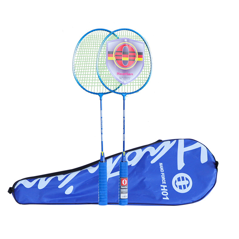 Haotian H01 Set od dvije badminton rakete, okvir od željezne zlitine, najlonske žice, direktan udarac, 95–100 g svaka