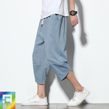 Muške casual hlače s cropped krojem, ležerni stil, srednji pojas, kopča vrpce, prozračna mješavina pamuka-viskoze za ljeto
