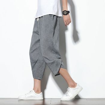Muške casual hlače s cropped krojem, ležerni stil, srednji pojas, kopča vrpce, prozračna mješavina pamuka-viskoze za ljeto