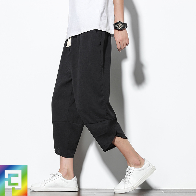 Muške casual hlače s cropped krojem, ležerni stil, srednji pojas, kopča vrpce, prozračna mješavina pamuka-viskoze za ljeto