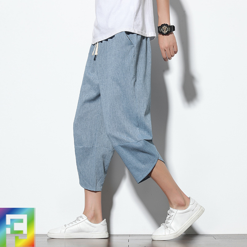 Muške casual hlače s cropped krojem, ležerni stil, srednji pojas, kopča vrpce, prozračna mješavina pamuka-viskoze za ljeto