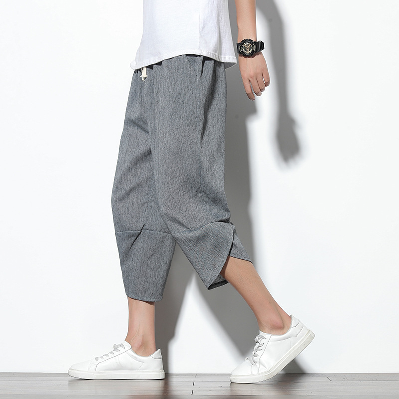 Muške casual hlače s cropped krojem, ležerni stil, srednji pojas, kopča vrpce, prozračna mješavina pamuka-viskoze za ljeto
