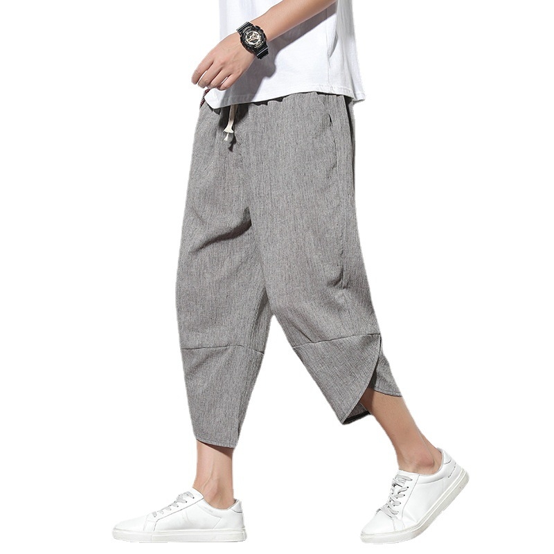 Muške casual hlače s cropped krojem, ležerni stil, srednji pojas, kopča vrpce, prozračna mješavina pamuka-viskoze za ljeto