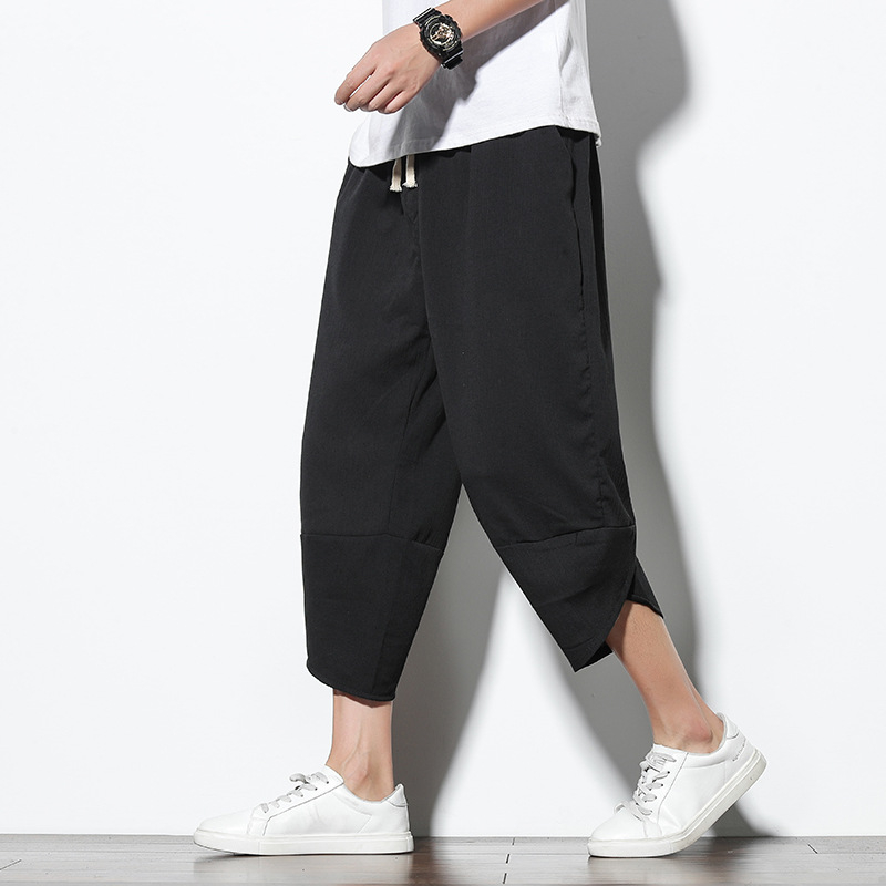 Muške casual hlače s cropped krojem, ležerni stil, srednji pojas, kopča vrpce, prozračna mješavina pamuka-viskoze za ljeto