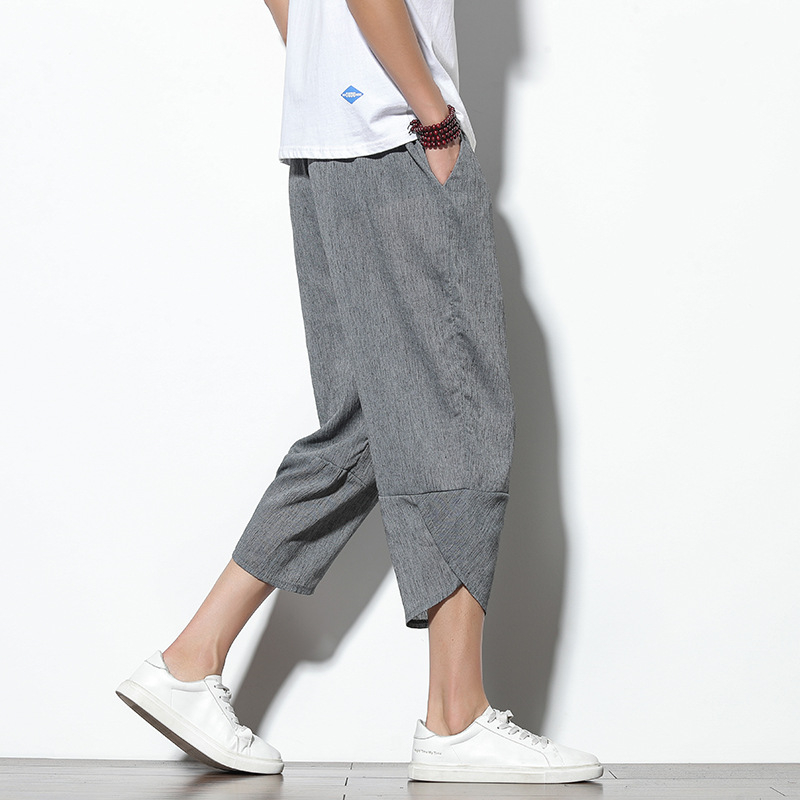 Muške casual hlače s cropped krojem, ležerni stil, srednji pojas, kopča vrpce, prozračna mješavina pamuka-viskoze za ljeto