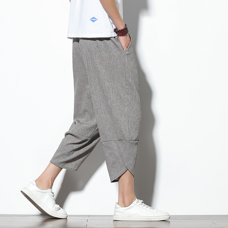 Muške casual hlače s cropped krojem, ležerni stil, srednji pojas, kopča vrpce, prozračna mješavina pamuka-viskoze za ljeto