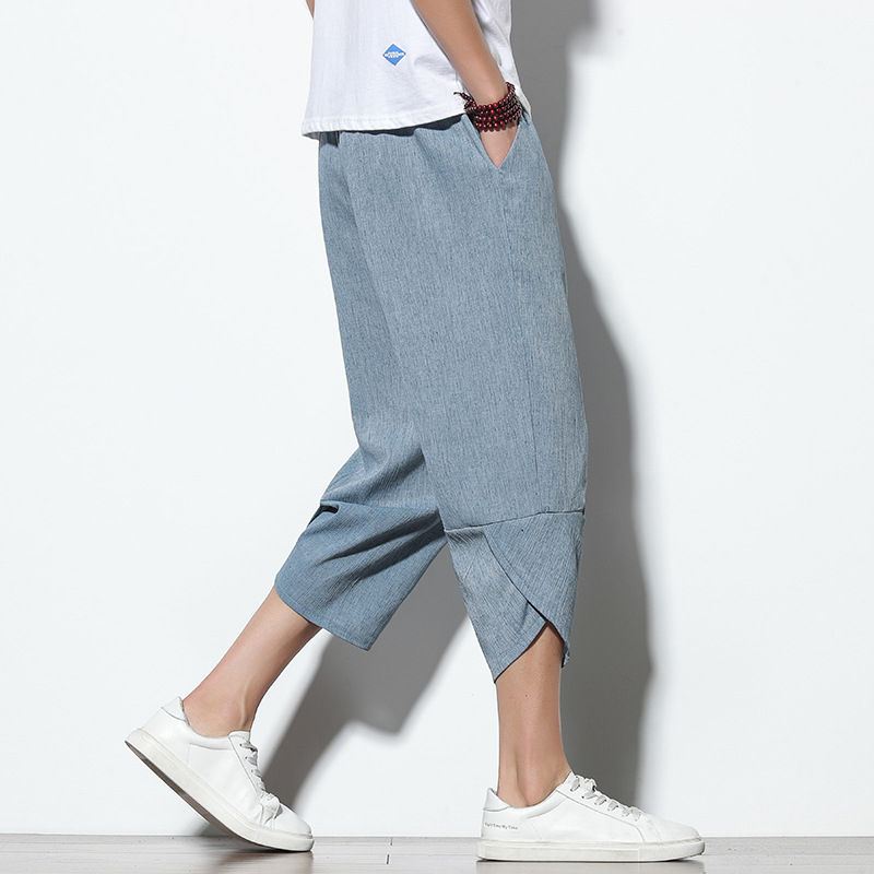Muške casual hlače s cropped krojem, ležerni stil, srednji pojas, kopča vrpce, prozračna mješavina pamuka-viskoze za ljeto