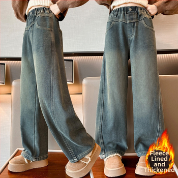 Dječje ženske hlače traperice zimi s flisom, širokog kroja, casual stil, srednji pojas, 60% pamuka