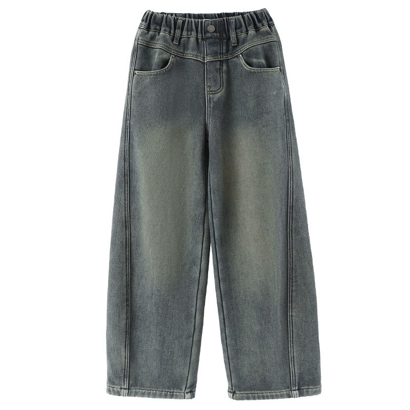 Dječje ženske hlače traperice zimi s flisom, širokog kroja, casual stil, srednji pojas, 60% pamuka