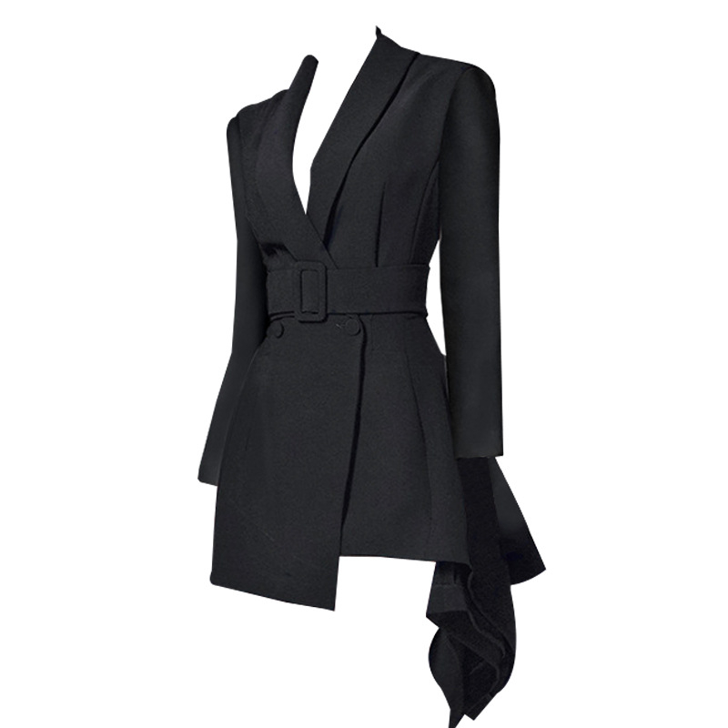 Dvo-dijelni elegantni set: midi haljina i sako, uski kroj, asimetričan dizajn, ovratnik s reverom, poliester materijal