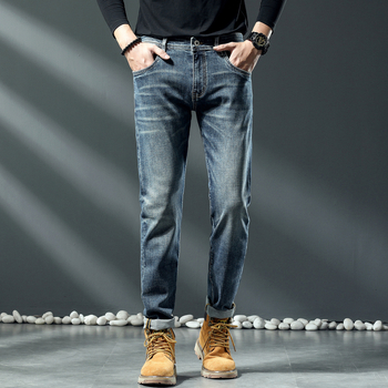 Férfi farmer Slim Fit, rugalmas, egyenes szabású, denim, középmagas derekú