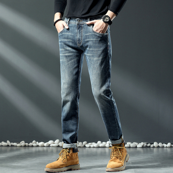 Férfi farmer Slim Fit, rugalmas, egyenes szabású, denim, középmagas derekú