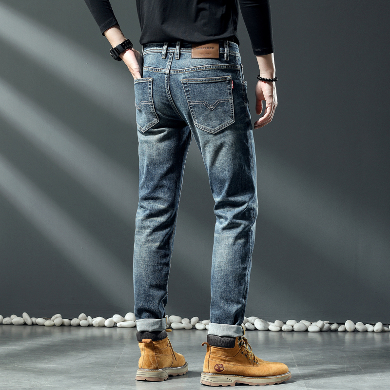 Férfi farmer Slim Fit, rugalmas, egyenes szabású, denim, középmagas derekú