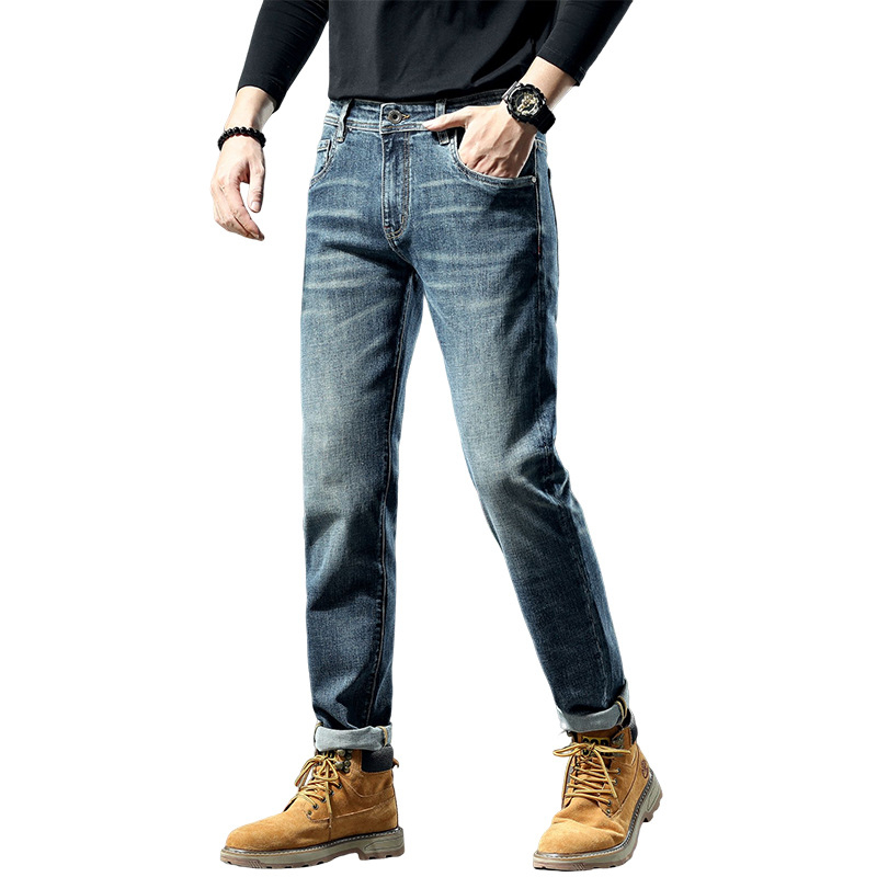 Férfi farmer Slim Fit, rugalmas, egyenes szabású, denim, középmagas derekú