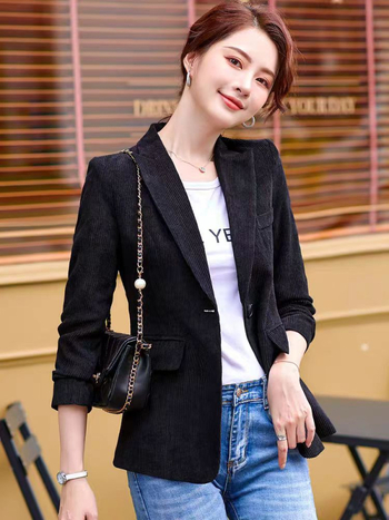 Női corduroy kis zakó, slim fit, rövid modell, zakó gallér, hosszú ujjak, egygombos zárás, casual japán-koreai stílus