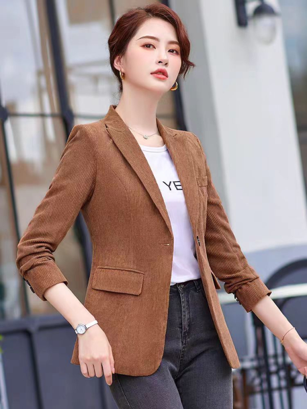 Női corduroy kis zakó, slim fit, rövid modell, zakó gallér, hosszú ujjak, egygombos zárás, casual japán-koreai stílus
