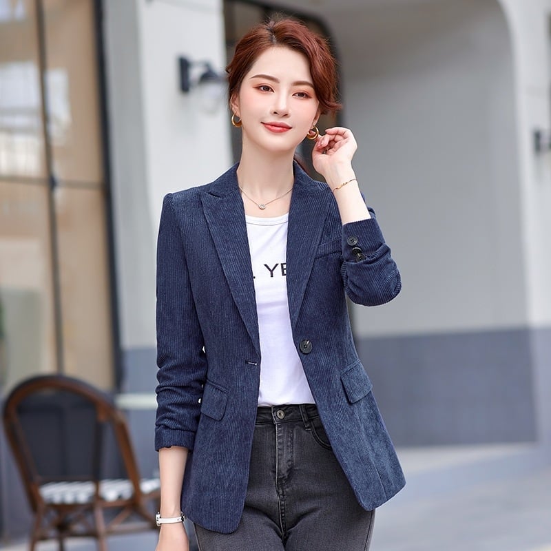 Női corduroy kis zakó, slim fit, rövid modell, zakó gallér, hosszú ujjak, egygombos zárás, casual japán-koreai stílus