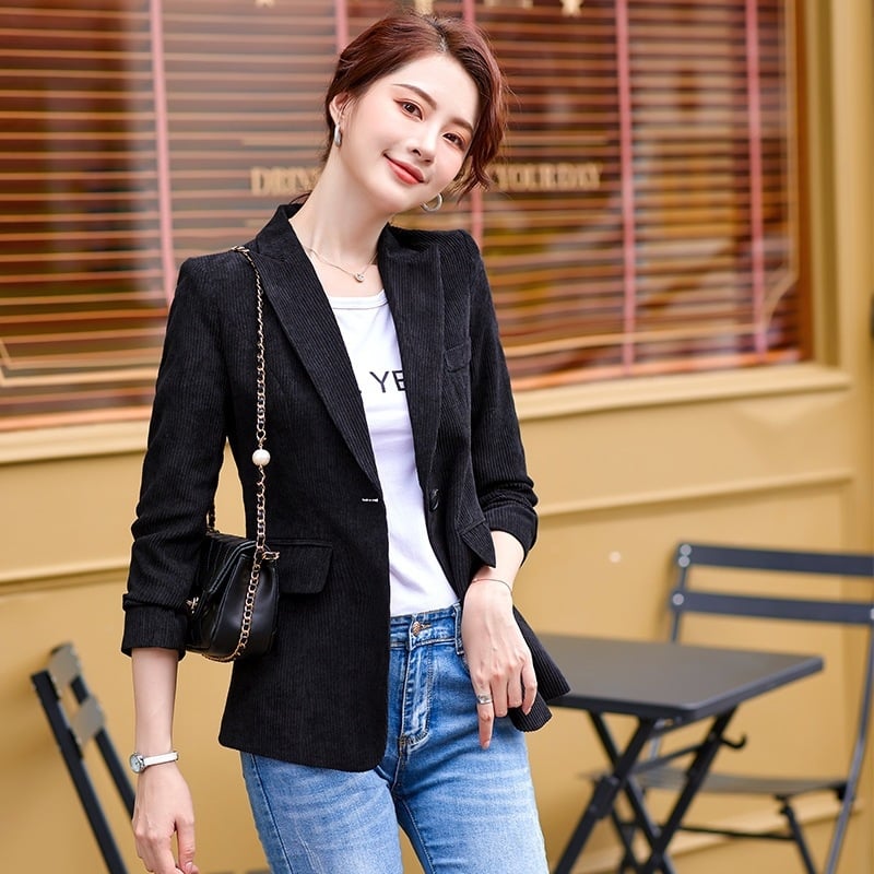Női corduroy kis zakó, slim fit, rövid modell, zakó gallér, hosszú ujjak, egygombos zárás, casual japán-koreai stílus
