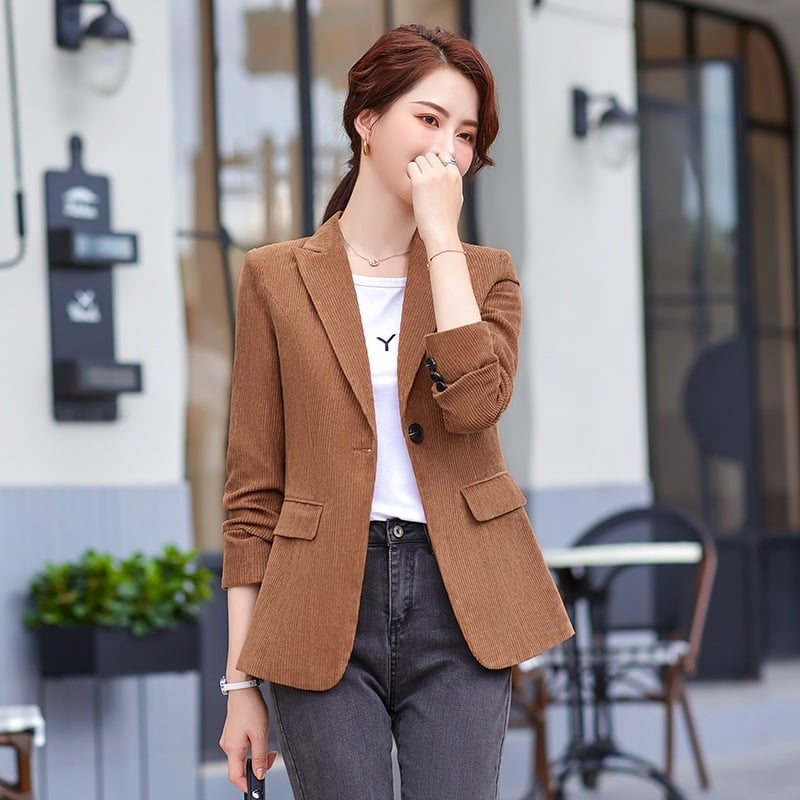 Női corduroy kis zakó, slim fit, rövid modell, zakó gallér, hosszú ujjak, egygombos zárás, casual japán-koreai stílus