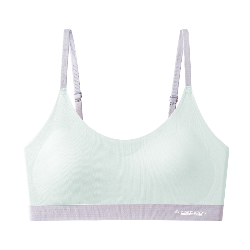 Lányoknak készült nylon/poliamid anyagú melltartó, teljes kosárral, vékony formázott kosárral, szivacsos bélés, fix dupla pántok, légáteresztő, 12–15 éveseknek