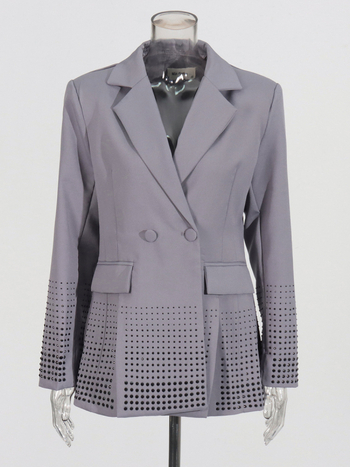 Ženski Slim-Fit blejzer s izrezom na donjem kraju i ukrasnim rhinestones, poliester-pamuk-elastan smjesa, dugi rukavi, ovratnik u stilu sakoa, jesen 2025