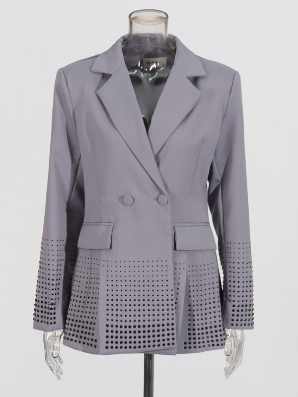 Ženski Slim-Fit blejzer s izrezom na donjem kraju i ukrasnim rhinestones, poliester-pamuk-elastan smjesa, dugi rukavi, ovratnik u stilu sakoa, jesen 2025