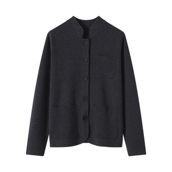Álló galléros gyapjú kardigán lazább szabással, hosszú ujjú, zsebek, 95%+ gyapjú