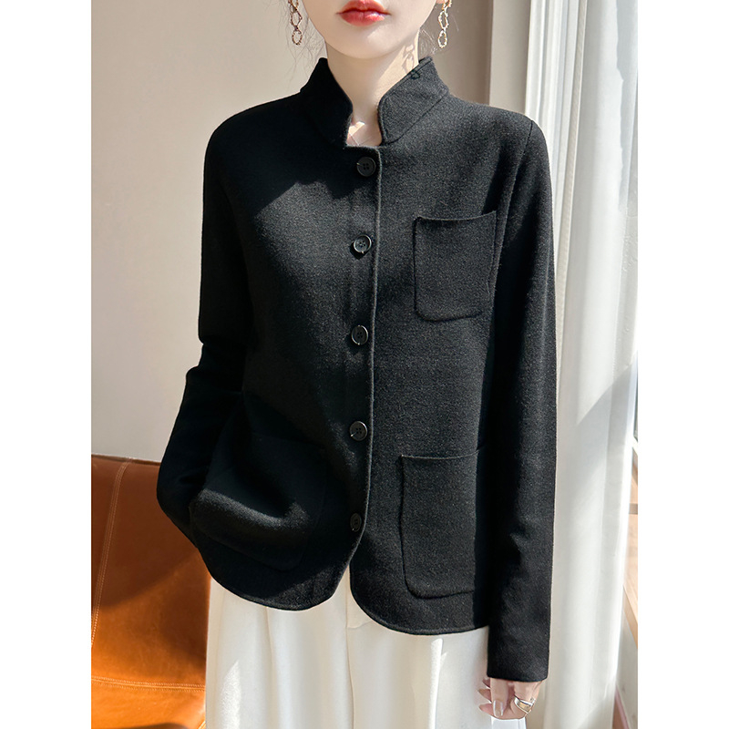 Álló galléros gyapjú kardigán lazább szabással, hosszú ujjú, zsebek, 95%+ gyapjú