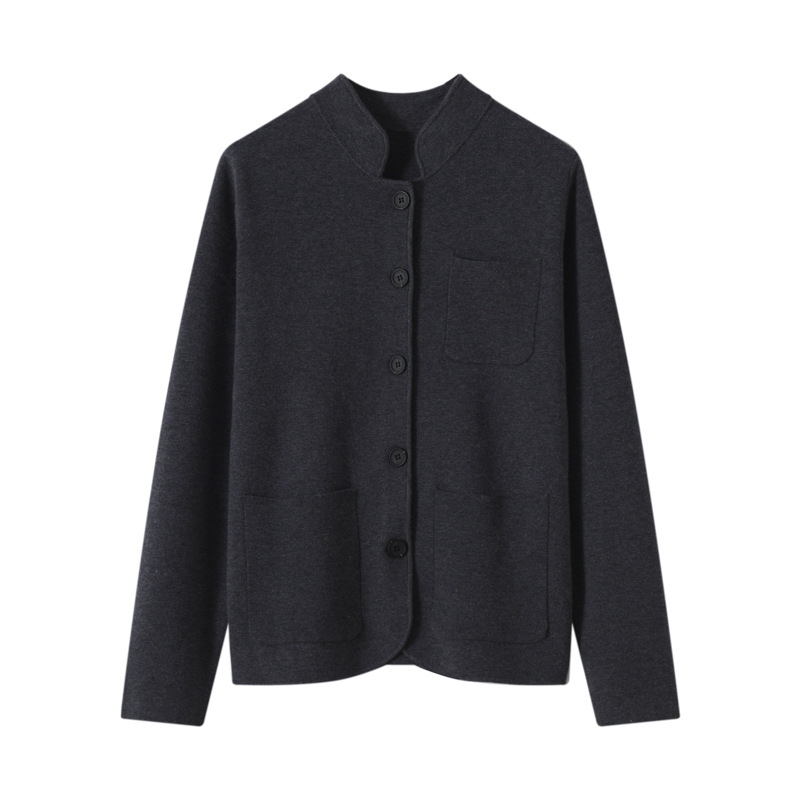 Álló galléros gyapjú kardigán lazább szabással, hosszú ujjú, zsebek, 95%+ gyapjú