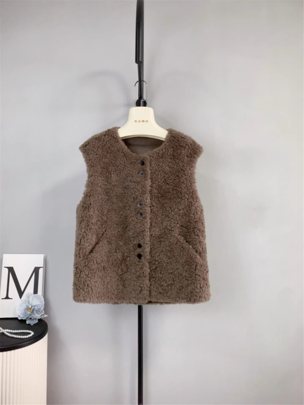 Korejski casual vest s ovčjom vunom i nubukom, okrugli izrez, normalna duljina (50–65 cm), za žene
