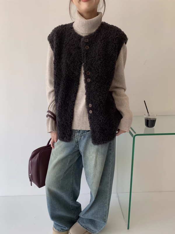 Korejski casual vest s ovčjom vunom i nubukom, okrugli izrez, normalna duljina (50–65 cm), za žene