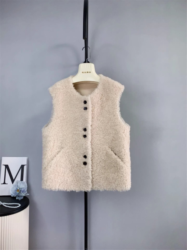 Korejski casual vest s ovčjom vunom i nubukom, okrugli izrez, normalna duljina (50–65 cm), za žene
